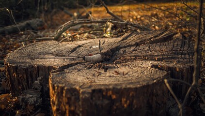 Large old stump in autumn, zoomed in