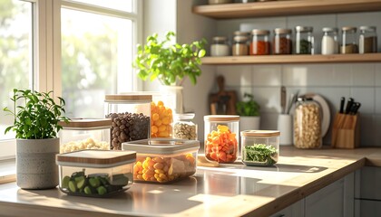 Kitchen Counter with Fresh Food and Jars.