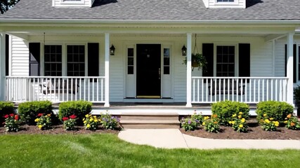 Beautifully maintained suburban home with an inviting front porch, manicured lawn, and vibrant garden landscaping providing a welcoming curb appeal