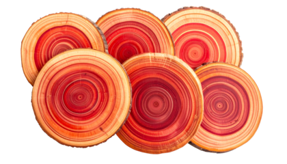 Multiple circular wood slices showcasing vibrant red annual rings and natural grain patterns.