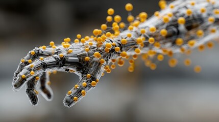 Advanced robotic hand with intricate network of glowing yellow nodes symbolizing data transfer and AI connections, perfect for tech innovation concepts.