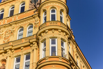 Fototapeta premium Round corner tower on a historic building in Ceske Budejovice, Czechia