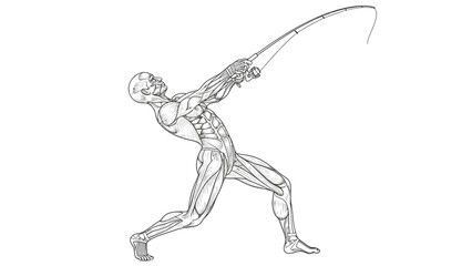Fototapeta premium Detailed anatomical line drawing of a human figure in a dynamic pose, casting a fishing rod, showcasing muscle structure and movement.