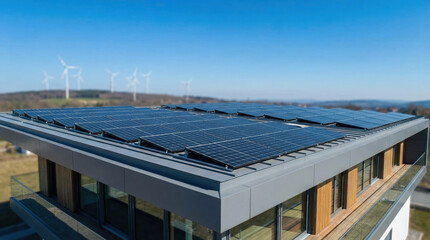 Modern building with solar panels on a clear blue sky background