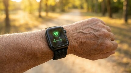 Close-up lifestyle photo of active senior hand checking smartwatch heart rate monitor in sunny park. Concept of elderly health tech and active aging.
