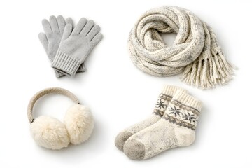 Stylish Winter Accessories Flat Lay on White Background
