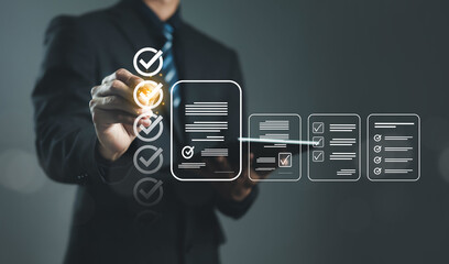 Digital document approval and business workflow concept with businessman selecting verified checklist on virtual interface. Online management system, compliance process, quality control, audit review.