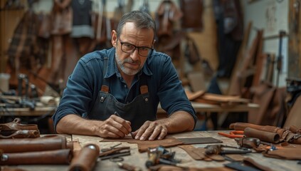 Leather artisan creating items at a workbench in a studio