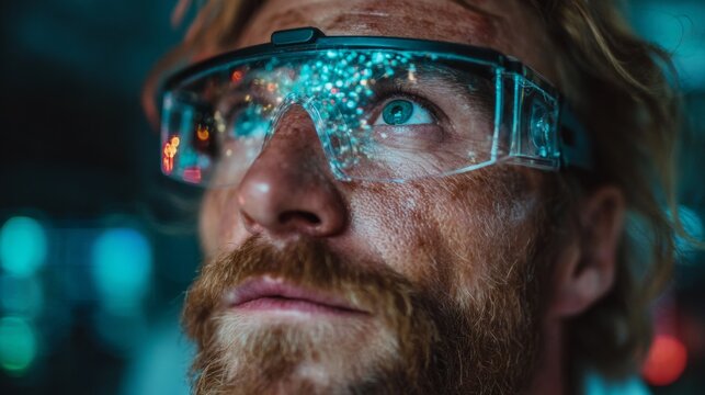Intrigued scientist wearing futuristic augmented reality glasses, eyes reflecting complex data visualizations in a dimly lit lab setting, exploring innovation. - Powered by Adobe