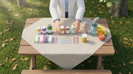 Person inspecting medications with healthy snacks in outdoor setting