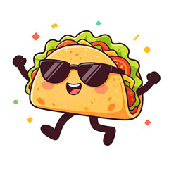 Happy taco character wearing sunglasses and jumping with confetti isolated on transparent background