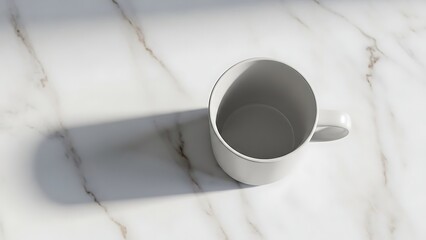 Minimalist White Ceramic Coffee Mug Mockup on Elegant White Marble Surface with Soft Sunlight Shadows.