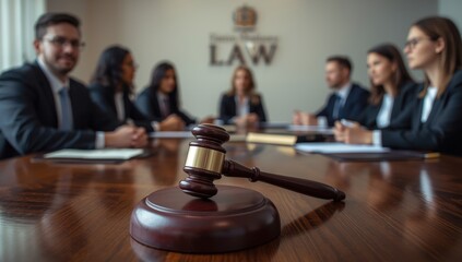 Legal team meeting with judge's gavel in law firm setting