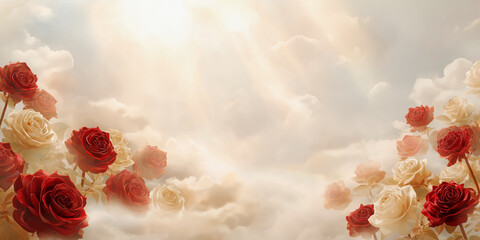 Heavenly rose memorial background with soft clouds, glowing light rays and red and white roses symbolizing love and peace