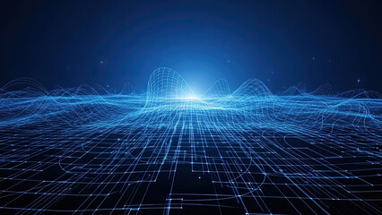 Blue Wireframe Grid Landscape. Data Flow with Glowing Light. Technology and Network Connection