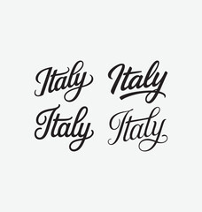 Italy written templates set in a stylish joining script with bold and elegant strokes, designed in clean high-quality vector typography perfect for travel branding, tourism logos, posters and creative