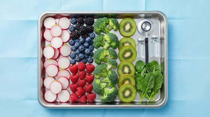 Fresh fruits and vegetables on a metal tray