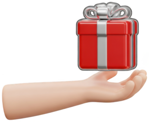 Cartoon hand holding red gift box icon 3d illustration on transparent background