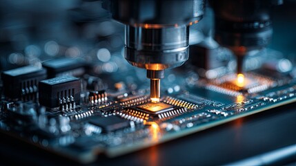 Precision Manufacturing Robotic arm working on a circuit board with closeup view.