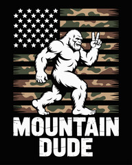 Bigfoot Sasquatch with Peace Sign over Camouflage American Flag &ndash; Retro Mountain Dude Vector Art