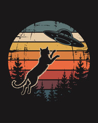 Cat Jumping Toward UFO in Retro Sunset Forest &ndash; Funny Alien Abduction Concept with Vintage Stripes