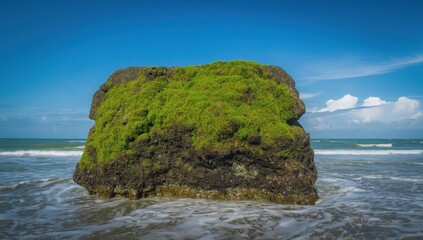 Fototapeta premium Lichen-covered stone on Makassar's shore