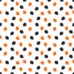 Seamless pattern of black and orange balloons on white background, perfect for party design, Halloween decoration, and festive wallpaper.
