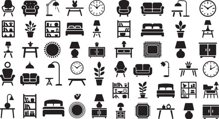 Collection of home and furniture icons in black silhouette on white background