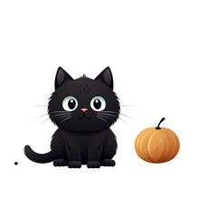 A cute black cat sits next to a small pumpkin, perfect for autumn-themed illustrations and designs.