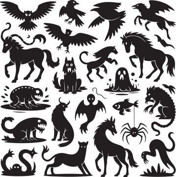 black silhouettes of various mythical creatures and animals on white background