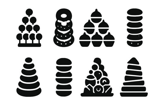 Birthday Sweet Icons. Birthday sweet tower. Filled icon set of Birthday sweet tower: cake pop tower, donut