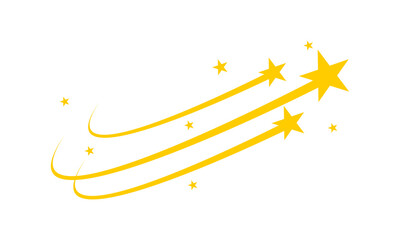 A bright yellow shooting star streak with a trail of smaller stars against a white background
