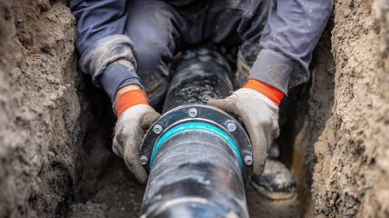 Plumber fitting sewer drain pipe joint in trench during emergency repair, hands, glove, pipe, coupling and soil visible, conveying urgent sewer inspection and repair.