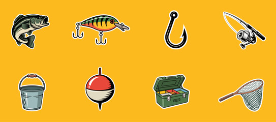 fishing sticker collection with lure, rod, and tackle box symbols, vector illustration