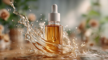 Transparent cosmetic bottle, blank label. floral blurred background Water splashes surface. Aroma oil, serum, liquid skin care product. Branding mock-up for cosmetics.