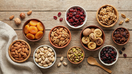 Assorted Nuts and Dried Fruits in Wooden Bowls on a Rustic Table
