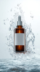 Braun cosmetic bottle, blank label for branding. Water splashes surface. Skin care aroma oil, serum, liquid product. Vertical image, cosmetic mock-up.