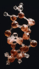 Cosmetic essence science model structure. Nanotechnology macro shot of a clear gel serum. The skeletal chemical formula depicts water, oil, or hyaluronic acid's molecular structure. Vertical image