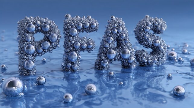 Silver sphere letters forming 'pfas' on reflective blue surface, scattered sphere pollutant motif representing chemical contamination concept.