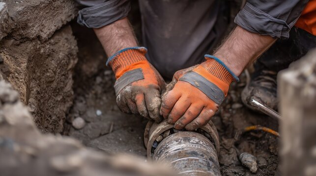 Worker repairing sewer pipe with gloved hand in trench, representing emergency plumbing sewer repair and urgent pipe maintenance.