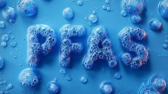 Blue foam letter forming 'pfas' with bubble texture on blue background representing pfas toxicology regulation and chemical risk control.