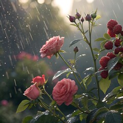 Roses and raspberries under gentle rain, cinematic clarity, beautiful background