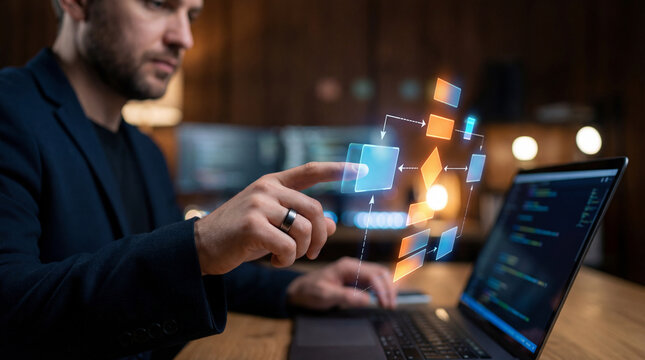 Businessman interacting with digital workflow diagram and data interface on laptop. - Powered by Adobe