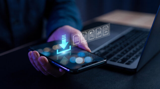 Mobile data download and document transfer from cloud to smartphone in corporate environment. - Powered by Adobe