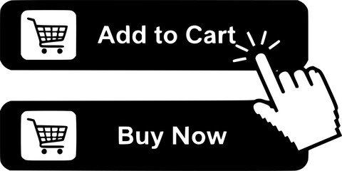 A minimalistic depiction of two rectangular buttons with shopping cart icons and text prompts including a hand cursor on transparent background silhouette high quality professional detailed 