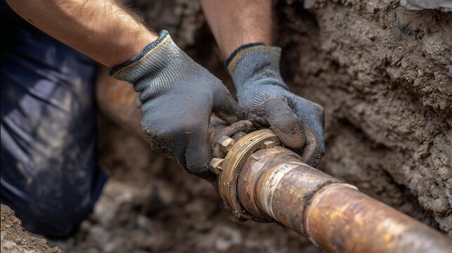 Plumber repairing sewer line after damage using wrench on corroded pipe in excavation, glove, soil and repair concept indicating emergency pipe restoration.