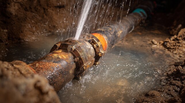 Burst sewer pipeline with leaking joint, muddy excavation, repair clamp and spray of wastewater, representing emergency sewer pipeline repair.