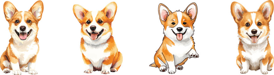 Cute Corgi dog watercolor set isolated on white background. 