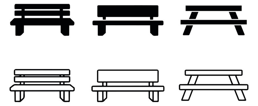 Minimalist outdoor furniture icon set featuring park benches and picnic tables for public spaces