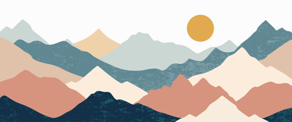Modern bohemian mountain landscape hand drawn vector with sun and jagged peaks for valentine wedding invitation nature aesthetic wall art illustration print